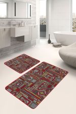 2'li Set Kırmızı - Kahverengi Zeminde Patchwork Motifli Otantik Desenli Etnik Motifler Eskitme Motifli  2'li Banyo & Mutfak Paspas Takımı Realhomes