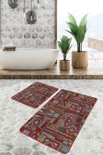 2'li Set Kırmızı - Kahverengi Zeminde Patchwork Motifli Otantik Desenli Etnik Motifler Eskitme Motifli  2'li Banyo & Mutfak Paspas Takımı Realhomes