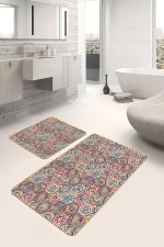 2'li Set Beyaz Zeminde Art Deco Motifli Etnik Desenli Geometrik Vintage  2'li Banyo & Mutfak Paspas Takımı Realhomes