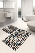 - PaspasTakimi-2li-Set1410-Gorsel-1 - Realhomes 2'li Set Krem - Kırmızı Zeminde Geometrik Motifli Art Deco Desenli Geometrik Sade & Şık 2'li Banyo & Mutfak Paspas Takımı Realhomes