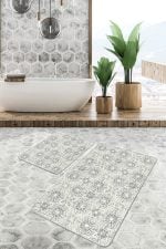 - PaspasTakimi-2li-Set1411-Gorsel - Realhomes 2'li Set Krem - Gri Zeminde Antika Motifli Çiçek Desenli Sade & Şık Vintage 2'li Banyo & Mutfak Paspas Takımı Realhomes