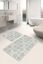 - PaspasTakimi-2li-Set1411-Gorsel-5 - Realhomes 2'li Set Krem - Gri Zeminde Antika Motifli Çiçek Desenli Sade & Şık Vintage 2'li Banyo & Mutfak Paspas Takımı Realhomes