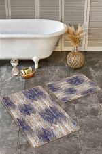 - Realhomes - Realhomes  2'li Set Lacivert Zeminde Zikzak Motifli Eskitme Desenli Geometrik Eskitme Motifli  2'li Banyo & Mutfak Paspas Takımı Realhomes