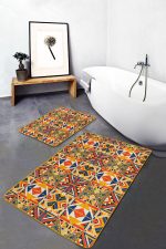 2'li Set Lacivert - Hardal Zeminde Etnik Motifli Tribal Desenli Geometrik Etnik Motifler  2'li Banyo & Mutfak Paspas Takımı Realhomes