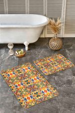 2'li Set Lacivert - Hardal Zeminde Etnik Motifli Tribal Desenli Geometrik Etnik Motifler  2'li Banyo & Mutfak Paspas Takımı Realhomes