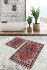 - PaspasTakimi-2li-Set1418-Gorsel - Realhomes 2'li Set Kırmızı Zeminde Etnik Motifli Osmanlı Desenli Avangarde Klasik 2'li Banyo & Mutfak Paspas Takımı Realhomes