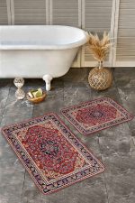 - Realhomes - Realhomes 2'li Set Kırmızı Zeminde Etnik Motifli Osmanlı Desenli Avangarde Klasik 2'li Banyo & Mutfak Paspas Takımı Realhomes