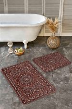 - Realhomes - Realhomes  2'li Set Kahverengi Zeminde Pers Motifli Kilim Desenli Vintage Avangarde  2'li Banyo & Mutfak Paspas Takımı Realhomes