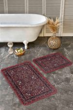 - Realhomes - Realhomes  2'li Set Kahverengi - Kırmızı Zeminde Uşak Motifli El Dokuma Desenli Avangarde Vintage  2'li Banyo & Mutfak Paspas Takımı Realhomes