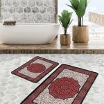 2'li Set Siyah - Gri Zeminde Çerçeveli Motifli Eskitme Desenli Eskitme Motifli Avangarde  2'li Banyo & Mutfak Paspas Takımı Realhomes