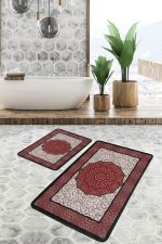 - PaspasTakimi-2li-Set1424-Gorsel - Realhomes 2'li Set Kırmızı Zeminde Osmanlı Motifli Yöresel Desenli Avangarde Vintage 2'li Banyo & Mutfak Paspas Takımı Realhomes