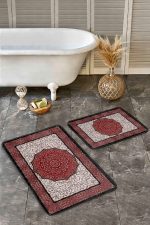 - Realhomes - Realhomes 2'li Set Kırmızı Zeminde Osmanlı Motifli Yöresel Desenli Avangarde Vintage 2'li Banyo & Mutfak Paspas Takımı Realhomes