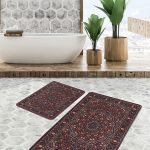 2'li Set Altın - Pembe Zeminde Mozaik Motifli Mermer Desenli Geometrik Modern  2'li Banyo & Mutfak Paspas Takımı Realhomes