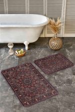 - Realhomes - Realhomes 2'li Set Kahverengi Zeminde Kilim Motifli Etnik Desenli Etnik Motifler Vintage 2'li Banyo & Mutfak Paspas Takımı Realhomes