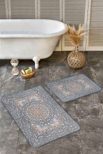 - Realhomes - Realhomes  2'li Set Mavi Zeminde Hereke Motifli Kilim Desenli Etnik Motifler Avangarde  2'li Banyo & Mutfak Paspas Takımı Realhomes
