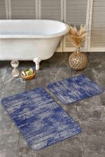 - Realhomes - Realhomes 2'li Set Lacivert - Gri Zeminde Antika Motifli El Dokuma Desenli Vintage Etnik Motifler 2'li Banyo & Mutfak Paspas Takımı Realhomes