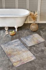 - Realhomes - Realhomes  2'li Set Mavi Krem Zeminde Antik Motifli El Dokuma Desenli Eskitme Motifli Modern  2'li Banyo & Mutfak Paspas Takımı Realhomes