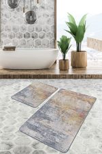 - PaspasTakimi-2li-Set1429-Gorsel-2 - Realhomes  2'li Set Mavi Krem Zeminde Antik Motifli El Dokuma Desenli Eskitme Motifli Modern  2'li Banyo & Mutfak Paspas Takımı Realhomes