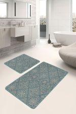 - PaspasTakimi-2li-Set1432-Gorsel-1 - Realhomes 2'li Set Haki Zeminde Örgü Motifli Antika Desenli Vintage Geometrik 2'li Banyo & Mutfak Paspas Takımı Realhomes