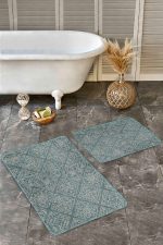 - Realhomes - Realhomes 2'li Set Haki Zeminde Örgü Motifli Antika Desenli Vintage Geometrik 2'li Banyo & Mutfak Paspas Takımı Realhomes