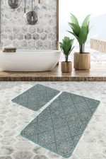 - PaspasTakimi-2li-Set1432-Gorsel-2 - Realhomes 2'li Set Haki Zeminde Örgü Motifli Antika Desenli Vintage Geometrik 2'li Banyo & Mutfak Paspas Takımı Realhomes