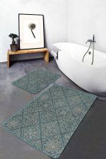 - PaspasTakimi-2li-Set1432-Gorsel-4 - Realhomes 2'li Set Haki Zeminde Örgü Motifli Antika Desenli Vintage Geometrik 2'li Banyo & Mutfak Paspas Takımı Realhomes