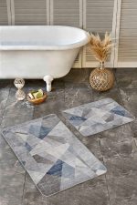 - Realhomes - Realhomes  2'li Set Krem - Mavi Zeminde Geometrik Motifli Dokuma Desenli Geometrik Sade & Şık  2'li Banyo & Mutfak Paspas Takımı Realhomes