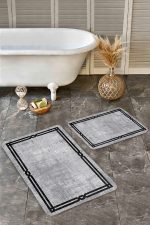 - Realhomes - Realhomes 2'li Set Gri - Siyah Zeminde Çerçeveli Motifli Dokuma Desenli Geometrik Sade & Şık 2'li Banyo & Mutfak Paspas Takımı Realhomes