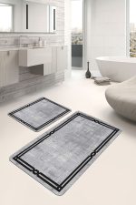 - PaspasTakimi-2li-Set1435-Gorsel-4 - Realhomes 2'li Set Gri - Siyah Zeminde Çerçeveli Motifli Dokuma Desenli Geometrik Sade & Şık 2'li Banyo & Mutfak Paspas Takımı Realhomes