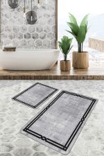 - PaspasTakimi-2li-Set1435-Gorsel-5 - Realhomes 2'li Set Gri - Siyah Zeminde Çerçeveli Motifli Dokuma Desenli Geometrik Sade & Şık 2'li Banyo & Mutfak Paspas Takımı Realhomes