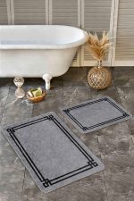 2'li Set Füme - Siyah Zeminde Çerçeveli Motifli Antika Desenli Geometrik Sade & Şık  2'li Banyo & Mutfak Paspas Takımı Realhomes