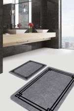 2'li Set Füme - Siyah Zeminde Çerçeveli Motifli Antika Desenli Geometrik Sade & Şık  2'li Banyo & Mutfak Paspas Takımı Realhomes