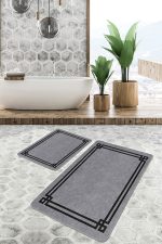 2'li Set Füme - Siyah Zeminde Çerçeveli Motifli Antika Desenli Geometrik Sade & Şık  2'li Banyo & Mutfak Paspas Takımı Realhomes