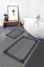 2'li Set Füme - Siyah Zeminde Çerçeveli Motifli Antika Desenli Geometrik Sade & Şık  2'li Banyo & Mutfak Paspas Takımı Realhomes