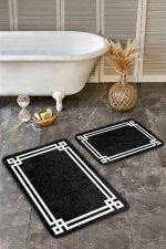 - Realhomes - Realhomes  2'li Set Siyah - Beyaz Zeminde Çerçeveli Motifli Klasik Desenli Avangarde Geometrik  2'li Banyo & Mutfak Paspas Takımı Realhomes