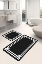 - PaspasTakimi-2li-Set1437-Gorsel-2 - Realhomes  2'li Set Siyah - Beyaz Zeminde Çerçeveli Motifli Klasik Desenli Avangarde Geometrik  2'li Banyo & Mutfak Paspas Takımı Realhomes