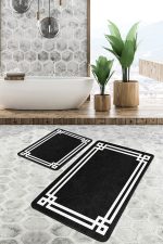 - PaspasTakimi-2li-Set1437-Gorsel-4 - Realhomes  2'li Set Siyah - Beyaz Zeminde Çerçeveli Motifli Klasik Desenli Avangarde Geometrik  2'li Banyo & Mutfak Paspas Takımı Realhomes