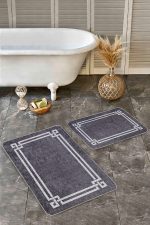 - Realhomes - Realhomes 2'li Set Füme - Gri Zeminde Çerçeveli Motifli El Dokuma Desenli Avangarde Geometrik 2'li Banyo & Mutfak Paspas Takımı Realhomes