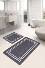 - PaspasTakimi-2li-Set1438-Gorsel-2 - Realhomes 2'li Set Füme - Gri Zeminde Çerçeveli Motifli El Dokuma Desenli Avangarde Geometrik 2'li Banyo & Mutfak Paspas Takımı Realhomes