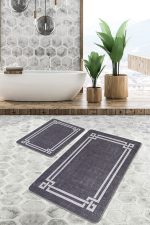 - PaspasTakimi-2li-Set1438-Gorsel-4 - Realhomes 2'li Set Füme - Gri Zeminde Çerçeveli Motifli El Dokuma Desenli Avangarde Geometrik 2'li Banyo & Mutfak Paspas Takımı Realhomes