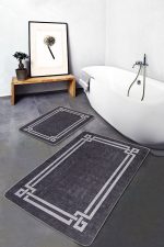 - PaspasTakimi-2li-Set1438-Gorsel-5 - Realhomes 2'li Set Füme - Gri Zeminde Çerçeveli Motifli El Dokuma Desenli Avangarde Geometrik 2'li Banyo & Mutfak Paspas Takımı Realhomes