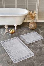 - Realhomes - Realhomes 2'li Set Gri - Antrasit Zeminde Çerçeveli Motifli Antik Desenli Eskitme Motifli Geometrik 2'li Banyo & Mutfak Paspas Takımı Realhomes