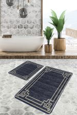 2'li Set Lacivert Zeminde Çerçeveli Motifli Rustik Desenli Geometrik Avangarde  2'li Banyo & Mutfak Paspas Takımı Realhomes