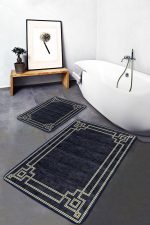 2'li Set Lacivert Zeminde Çerçeveli Motifli Rustik Desenli Geometrik Avangarde  2'li Banyo & Mutfak Paspas Takımı Realhomes