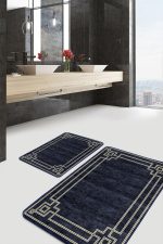 2'li Set Lacivert Zeminde Çerçeveli Motifli Rustik Desenli Geometrik Avangarde  2'li Banyo & Mutfak Paspas Takımı Realhomes