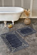 2'li Set Lacivert Zeminde Çerçeveli Motifli Rustik Desenli Geometrik Avangarde  2'li Banyo & Mutfak Paspas Takımı Realhomes