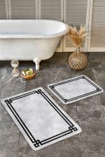 2'li Set Gri - Siyah Zeminde Çerçeveli Motifli Klasik Desenli Sade & Şık Geometrik  2'li Banyo & Mutfak Paspas Takımı Realhomes