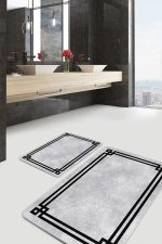 2'li Set Gri - Siyah Zeminde Çerçeveli Motifli Klasik Desenli Sade & Şık Geometrik  2'li Banyo & Mutfak Paspas Takımı Realhomes