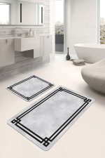 2'li Set Gri - Siyah Zeminde Çerçeveli Motifli Klasik Desenli Sade & Şık Geometrik  2'li Banyo & Mutfak Paspas Takımı Realhomes