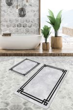 2'li Set Gri - Siyah Zeminde Çerçeveli Motifli Klasik Desenli Sade & Şık Geometrik  2'li Banyo & Mutfak Paspas Takımı Realhomes